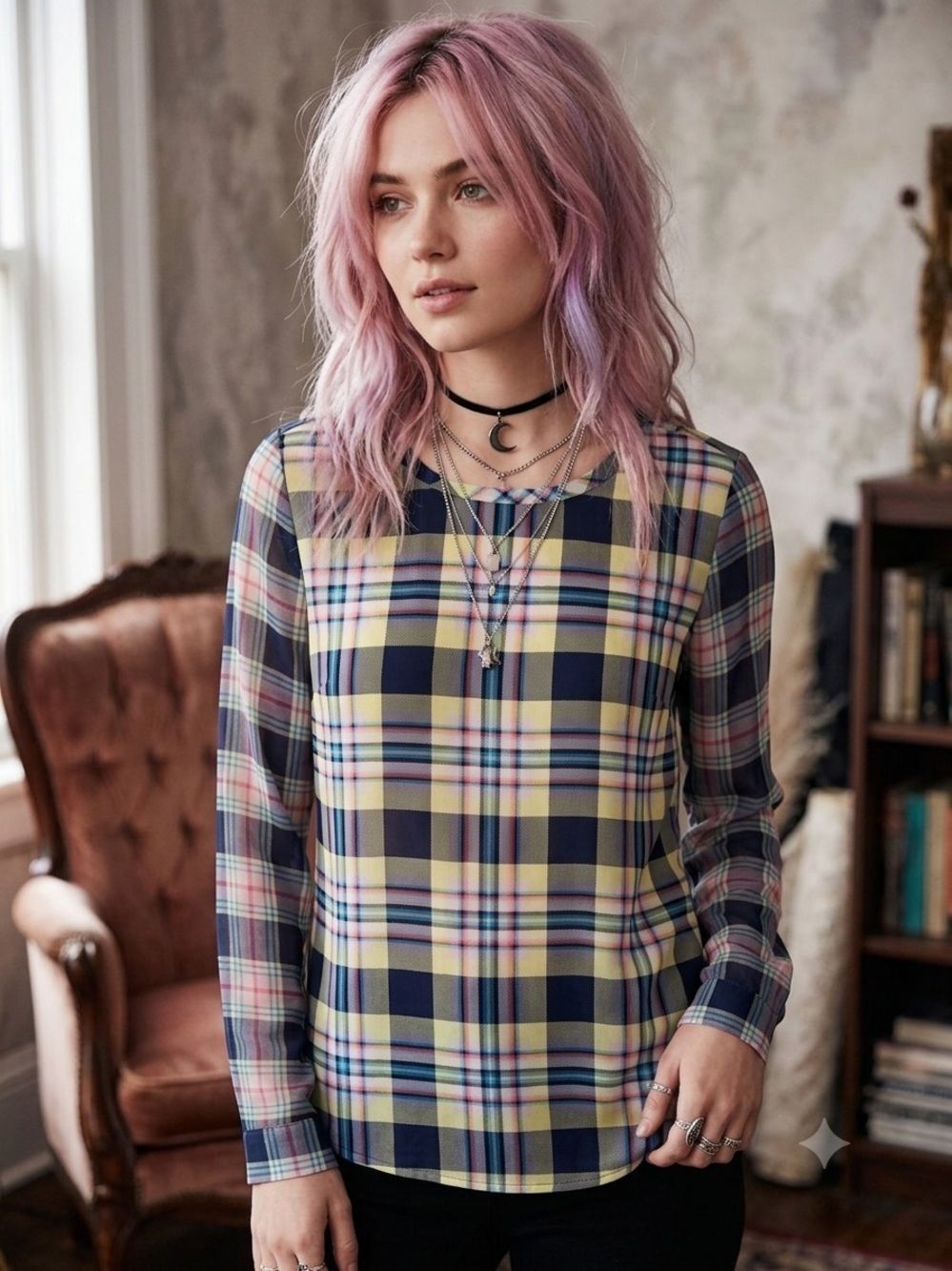 EQUIPMENT FEMME 100% Silk Plaid Long Sleeve Blouse M Goth Preppy Soft Alt